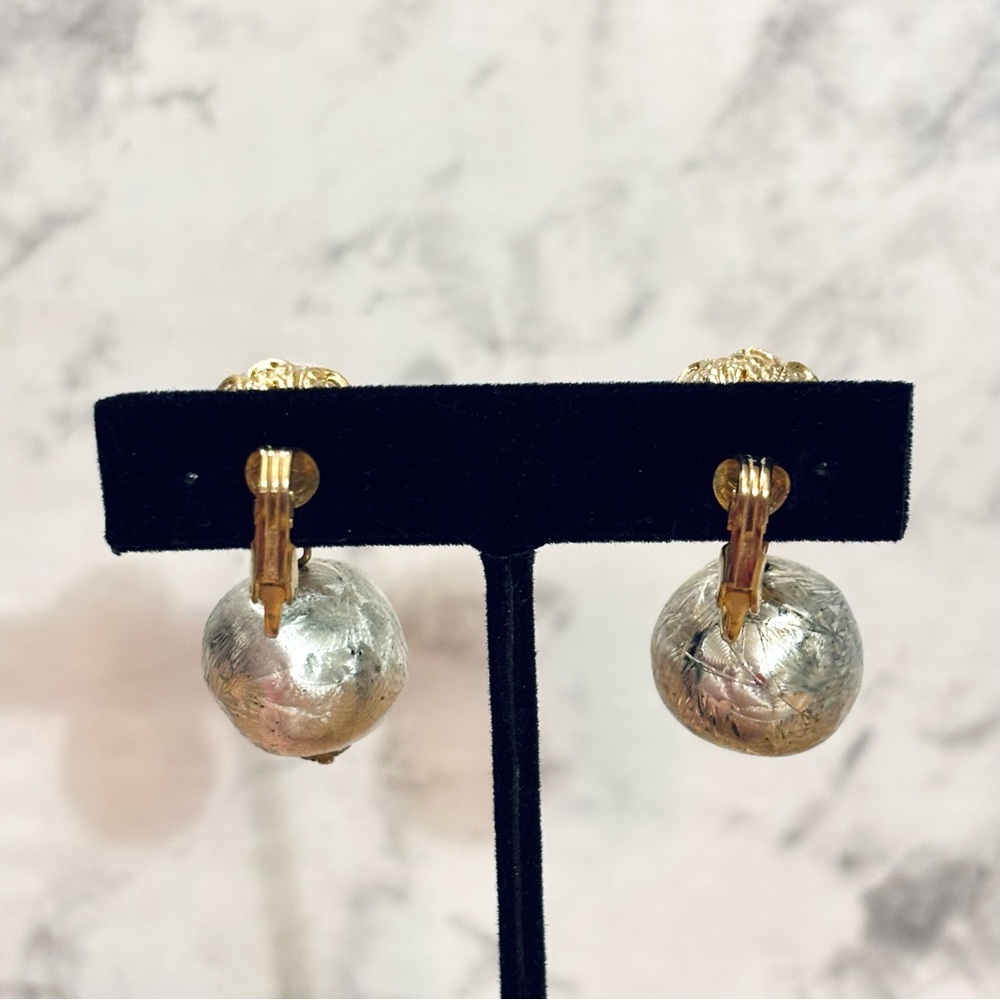 Vintage Silver and Gold Tone Ball Drop Clip-On Earrings - Picture 4 of 8